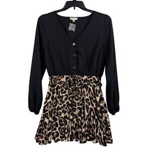 Leopard Print NWOT Main Strip Mini Dress Large Long Sleeved Ruffle Skirt Animal